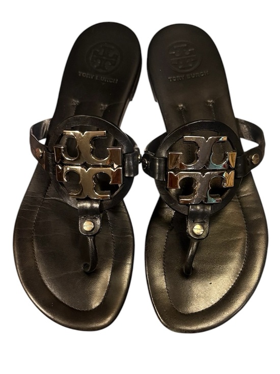 Tory Burch Shoes - Tory Burch Metal Miller Black Gold Leather Logo Thong Sandals Size 10